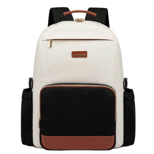 Women's Backpack Purse 15.6 Inch Laptop Bag with Large Cup Pocket, Beige-Black-Brown Image 1