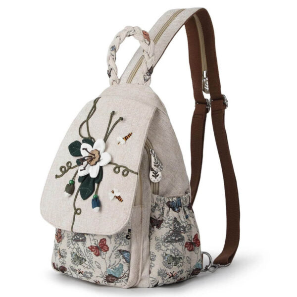 Hand-Crafted Artisan Flower Bee Sling Bag – Premium Canvas Convertible Mini Backpack for Women Image 1
