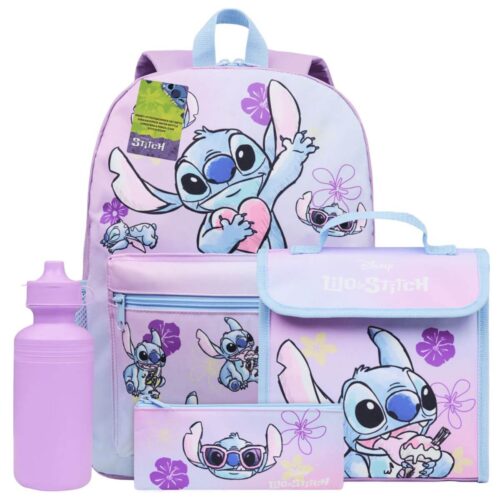 Disney Stitch 4-Piece Backpack Set for Kids – Includes Insulated Lunch Bag, Water Bottle, and Pencil Case Image 1
