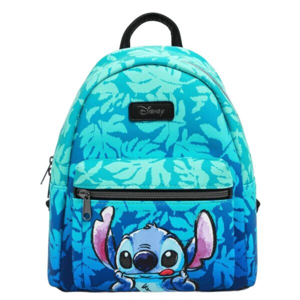 Disney Lilo & Stitch Mini Backpack – Black with Blue Tropical Leaves and Stitch Character Print Image 1
