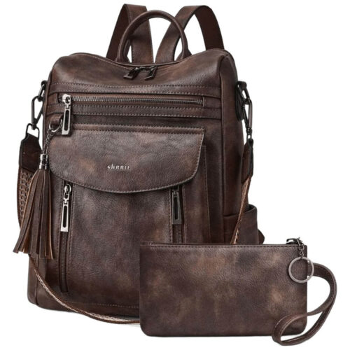 Fashion Designer Travel Backpack with Wristlet - Convertible Leather Backpack for Women for Work and College Image 1