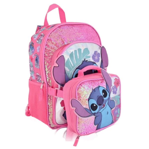 Disney Lilo and Stitch Pink Glitter Backpack and Sequined Insulated Lunch Box Set for Girls Image 1