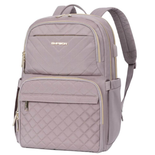 Women's Backpack Purse - 15.6 Inch Quilted Laptop Bag with USB Port, Grey Pink Image 1